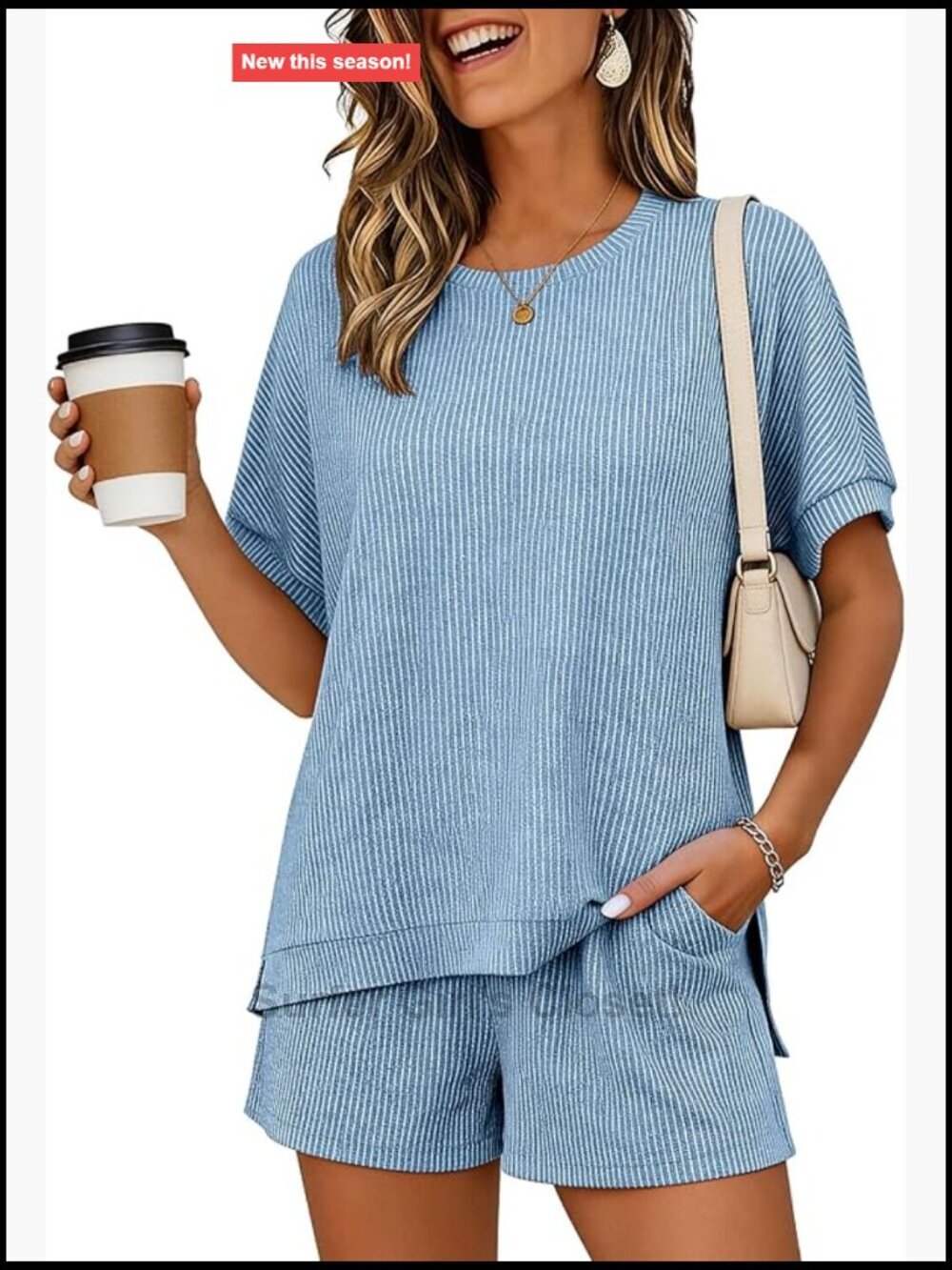 Ribbed Knit Two Piece Lounge Set Matching Shorts Outfit Travel